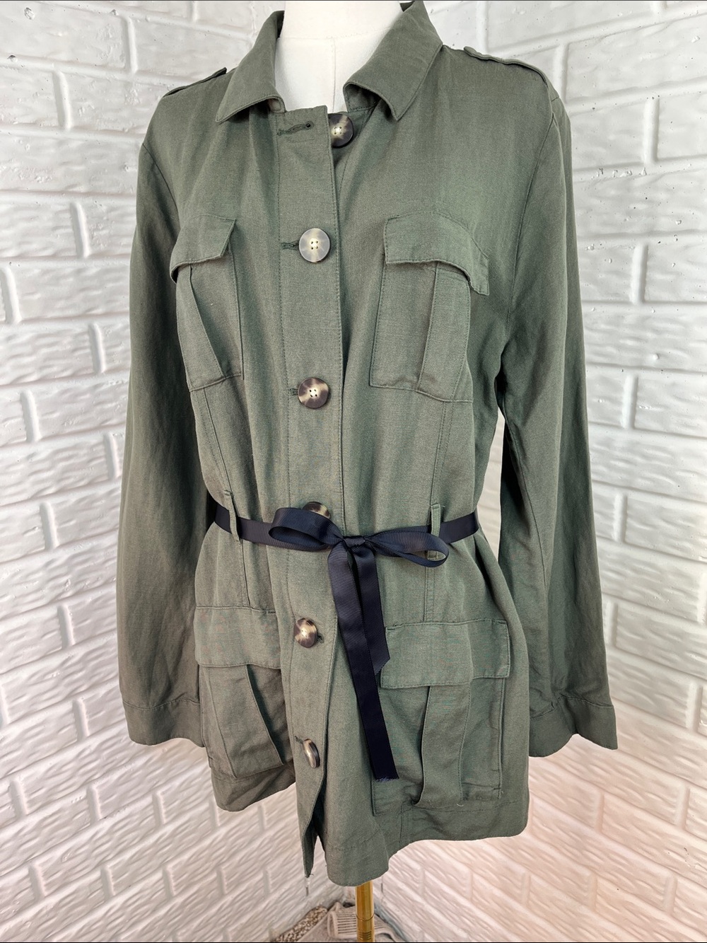 J. JILL UTILITY JACKET ARMY GREEN MILITARY SAFARI BUTTON UP LINEN BLEND SZ LG - Picture 4 of 13